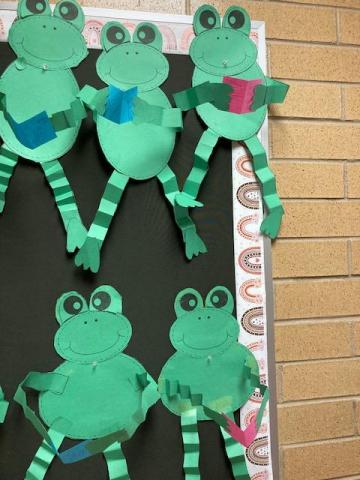 Bulletin board: five frogs reading their favorite book