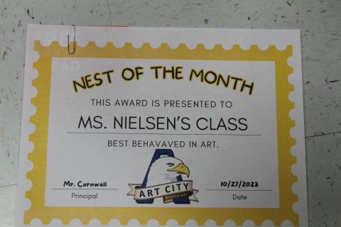 Certificate for the Nest of the Month Ms. Nielsen's class