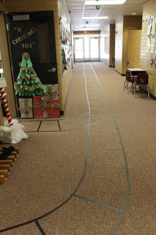 train tracks down the hall for the Polar Express to come