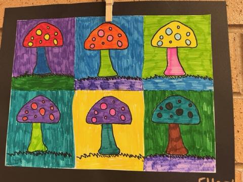 4th grade Pop Art six different colored Mushrooms