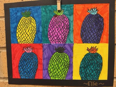 4th grade Pop Art six different colored pineapples 