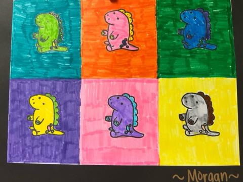 4th grade Pop Art six different colored cartoon dinosaur