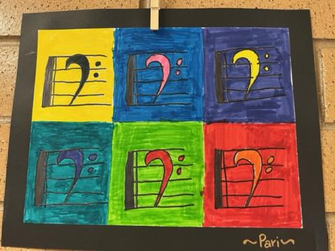 4th grade Pop Art six different colored musical bracket lines and f clef