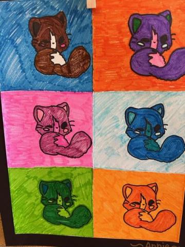 4th grade Pop Art six different colored cartoon cats