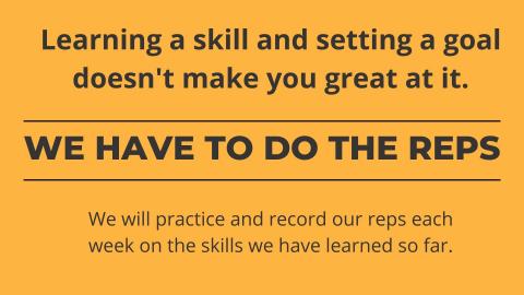 Slide: Learning a skill and setting a goal doesn't make you great at it. We have to do the reps. We will practice and record our reps each week on the skills we have learned so far.