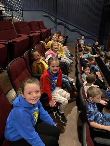 Second grade students sitting in the balcony at the Scera Shell for "the Legend on Sleepy Hollow" play