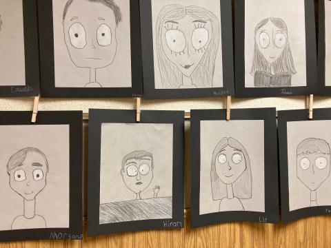 Tim Burton Style of Self Portraits of the fifth grade students