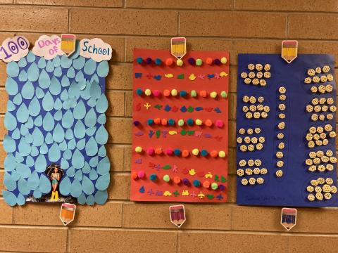 Bulletin Board Posters of 100 items: Rain drops, pompoms and stickers, and cereal pieces