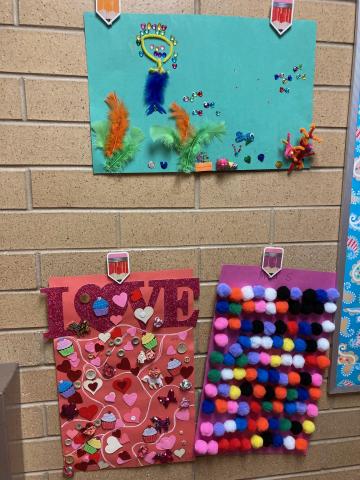 Bulletin Board Posters of 100 items:  Underwater scene using gems and feathers, Love heart stickers and buttons, and pompoms