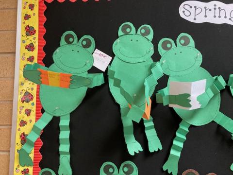 Bulletin board: three frogs reading their favorite book