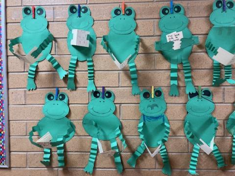 Bulletin board: nine frogs reading their favorite book