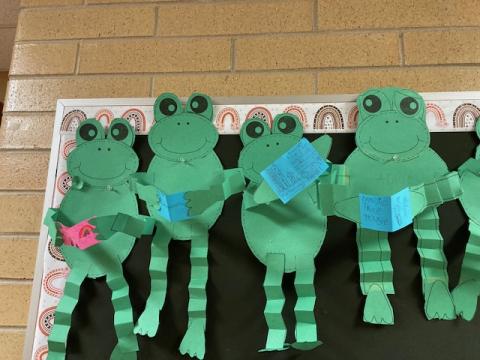 Bulletin board: four frogs reading their favorite book