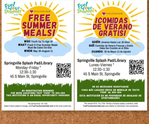 Free Summer Meals at Springville Splash pad M-F 12:30-1:30 at 50 S Main Springville, Utah