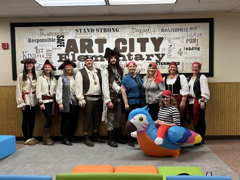 Aargh the Pirates of Art City--Mr. Cornwall, his office staff, the counselor, the skill builder, and the lunch ladies