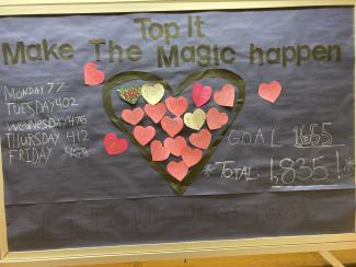 Bulletin Board "Top It, Make the magic Happen.  A Heart with 19 smaller hearts with 100 written in them 