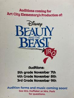 Beauty and the Beast Audition information flyer November 7-5th grade,8 4th grade, and 9-3rd grade after school