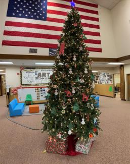 Lobby Christmas tree with student ornaments