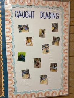 Library Bulletin Board of pictures of students of various ages caught reading